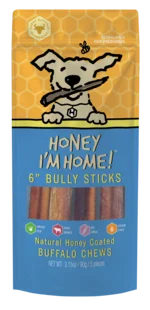 Honey I'm Home! 6" Bully Sticks Natural Honey Coated Buffalo Chews