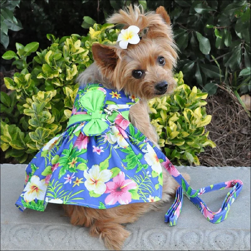 NEW-Doggie Design  Blue Lagoon Hawaiian Hibiscus Dress w/ Leash & D-Ring