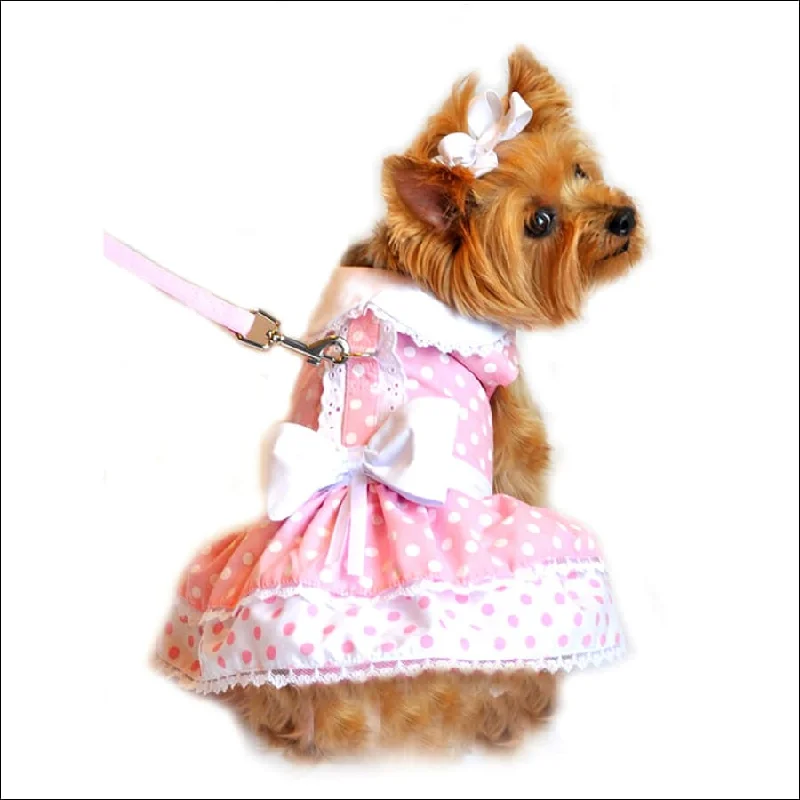 NEW-Doggie Design  Pink Polka Dot and Lace Dog Dress Set with Leash