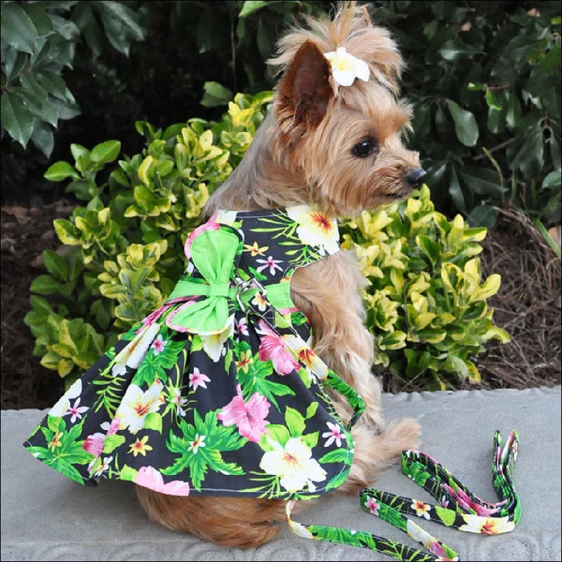 NEW-Doggie Design Twilight Black Hawaiian Hibiscus Dress w/ Leash & D-Ring