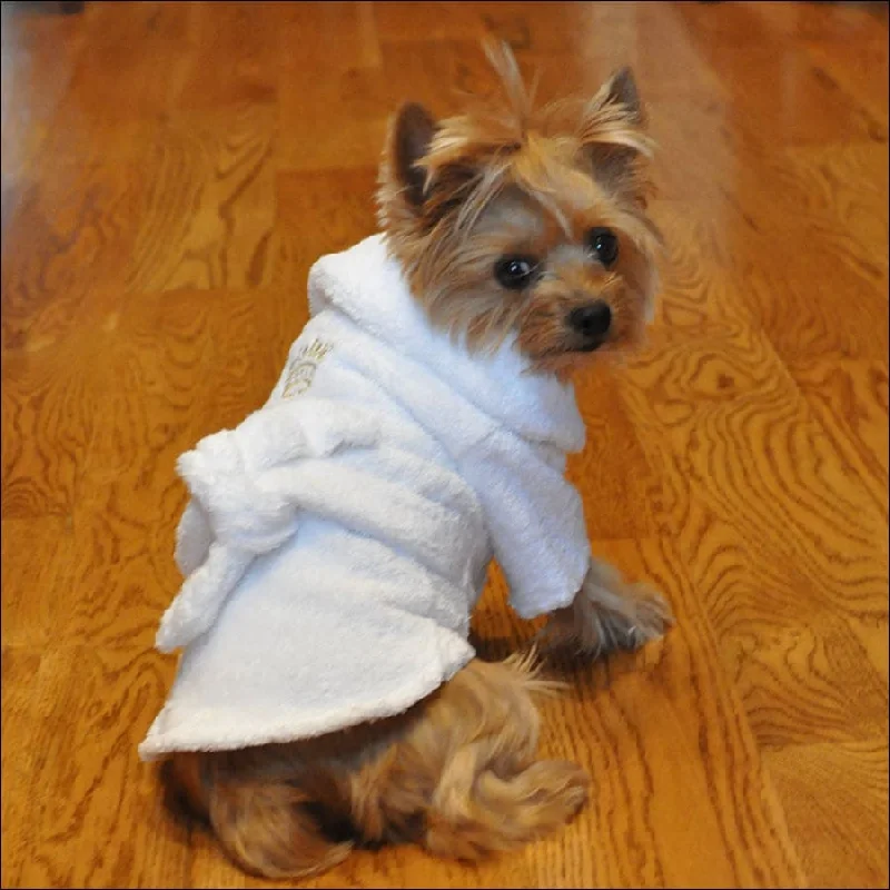 NEW-Doggie Design White Gold Crown Bathrobe 100% Combed Cotton Terry Cloth