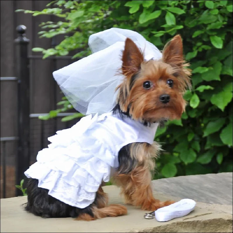 NEW-Doggie Design White Satin Wedding Dress, Headpiece, Leash & D-Ring