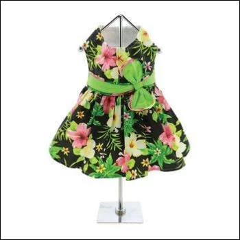 Twilight Black Hawaiian Hibiscus Dog Dress with Leash