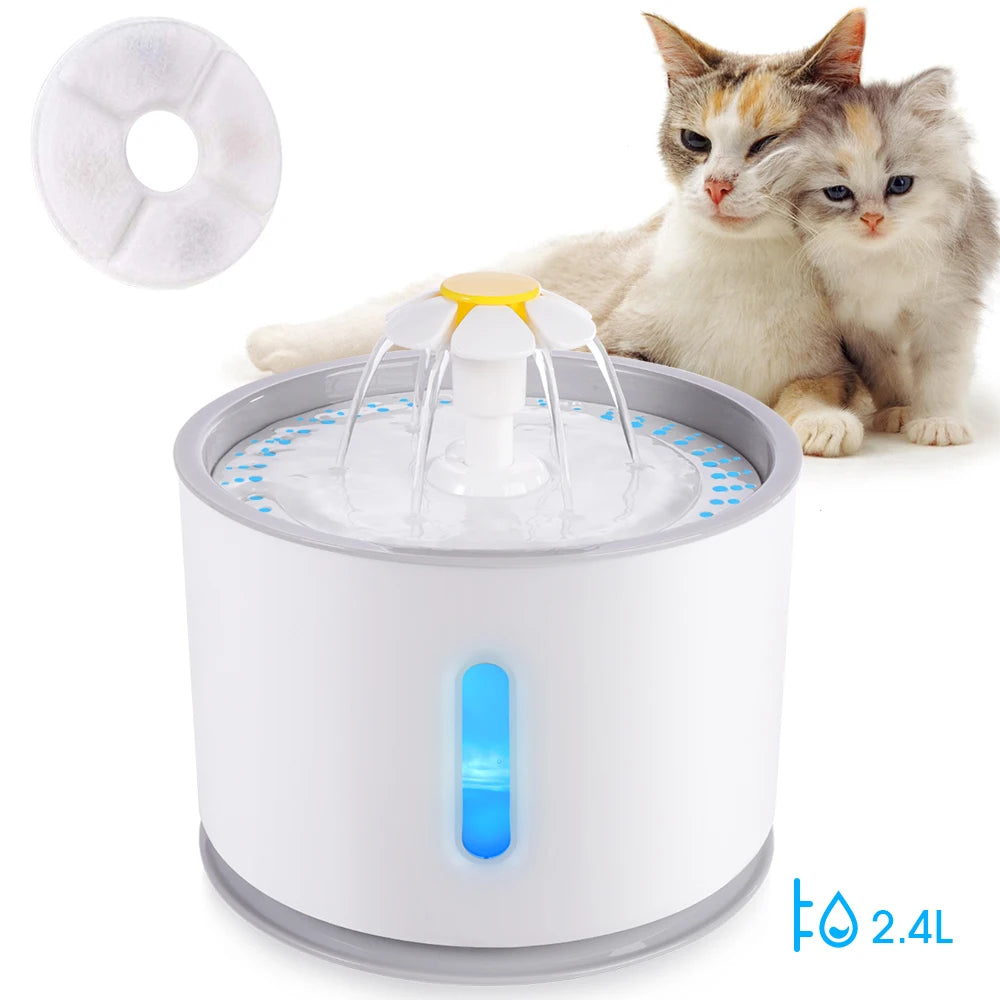 Automatic Pet Cat Water Fountain with LED Lighting 5 Pack Filters 2.4L USB Dogs Cats Mute Drinker Feeder Bowl Drinking Dispenser