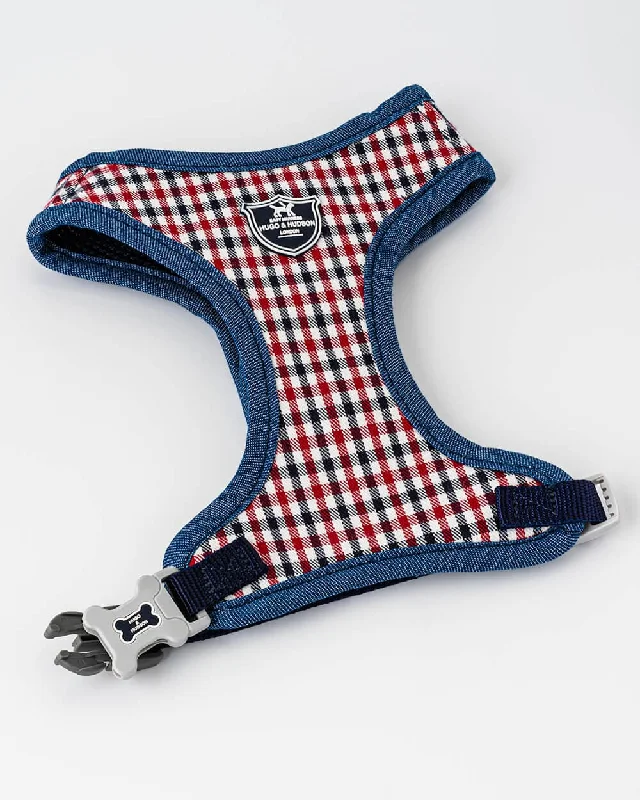 Checked Navy and Red Fabric Dog Harness