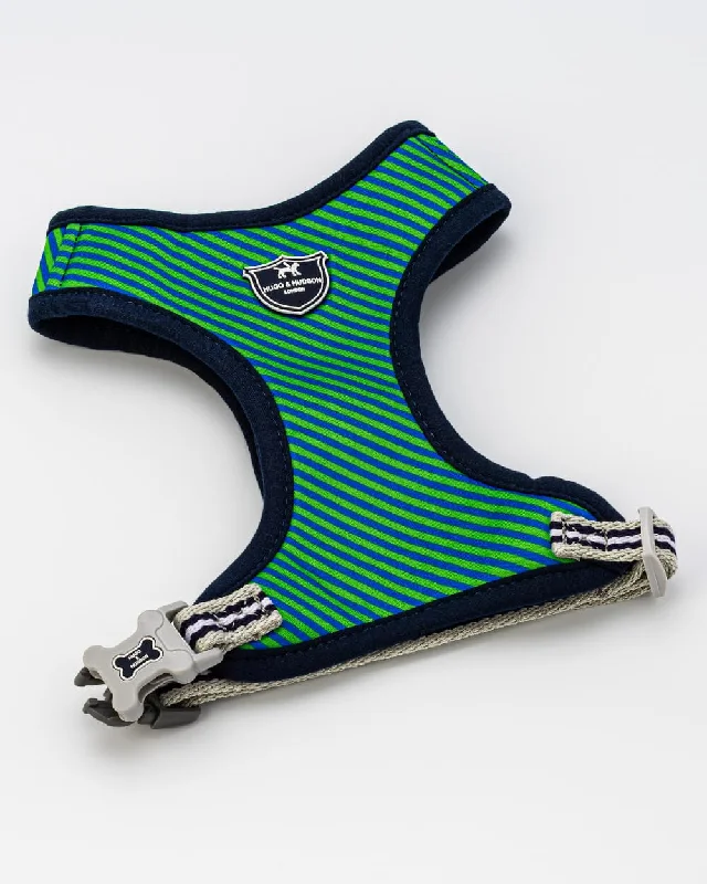 Striped Navy and Green Fabric Dog Harness