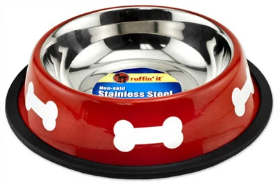 Pet Bowl, Red/White Stainless Steel, 16-oz.